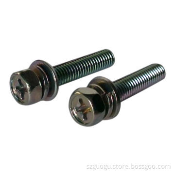 Cross recessed hexagon bolt with indentation, single coil lock washer and plain washer assemblies